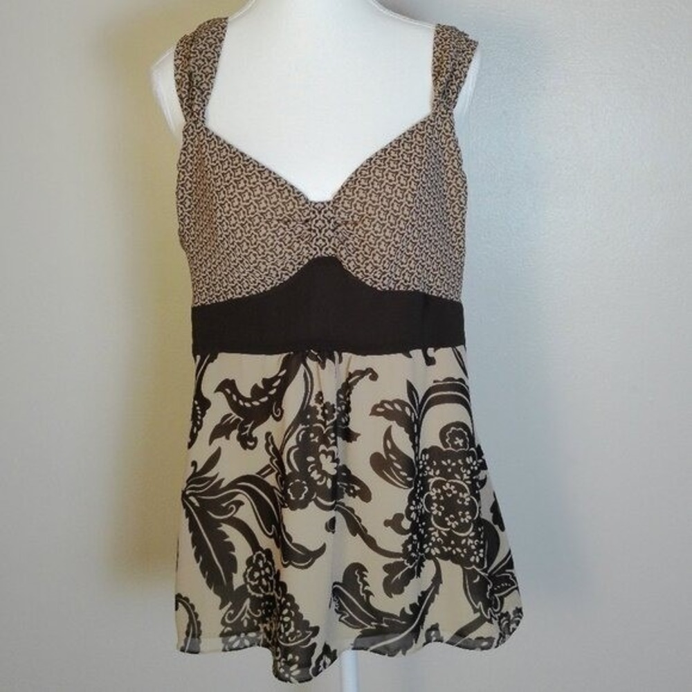 NWT Bandolino Women Size 14 Tan Brown‎ Floral Print Sleeveless V Neck Sheer Top